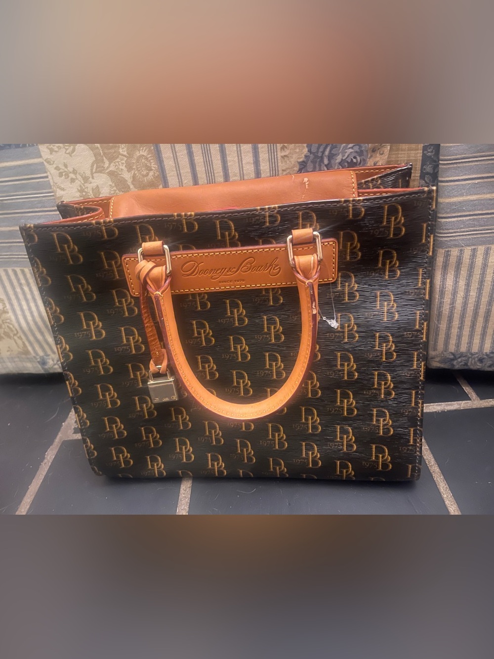 Dooney & Bourke Brown Monogram Tote with Tan Leather Handles